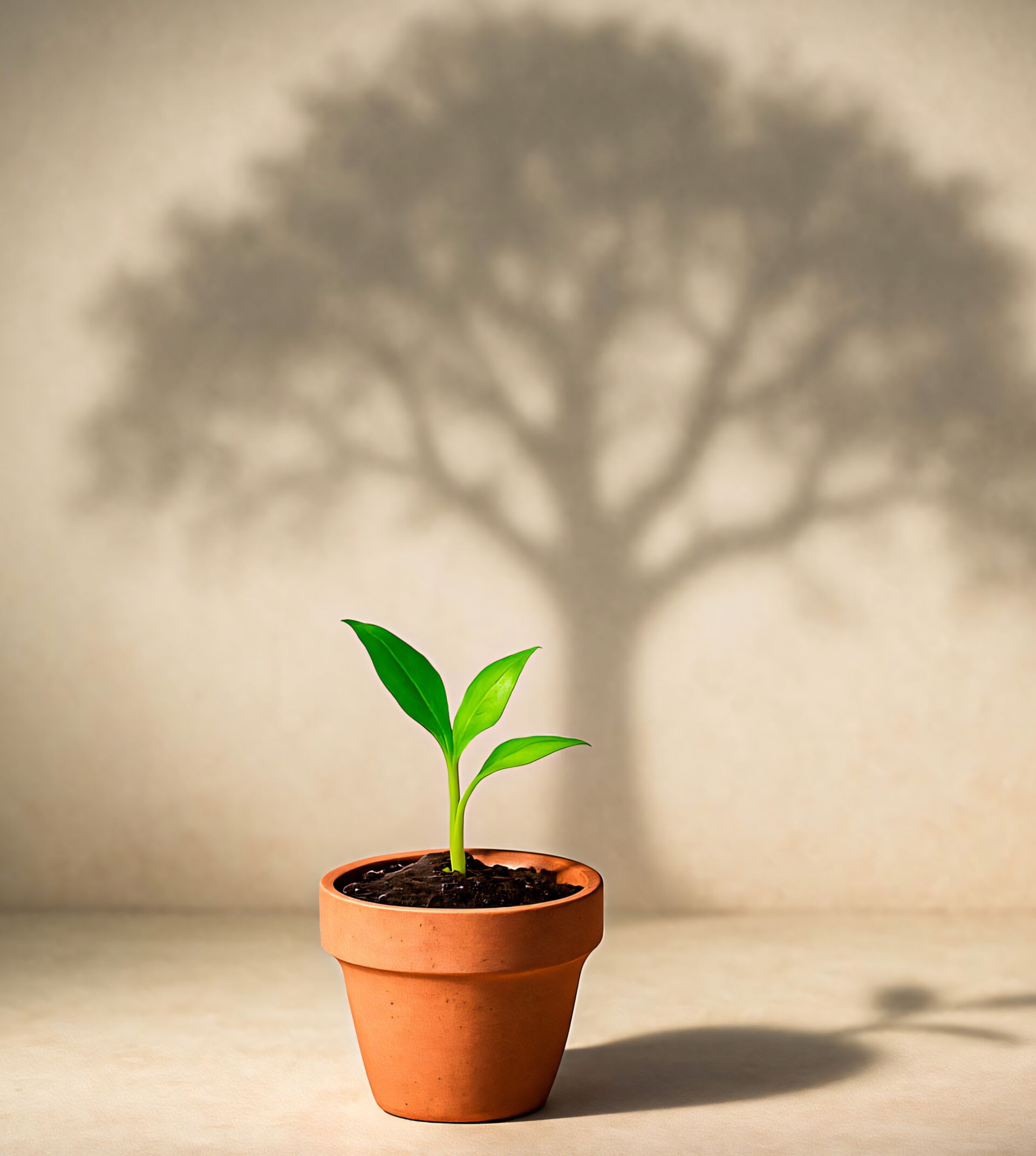 kleine Pflanze im Topf wirft großen Baumschatten