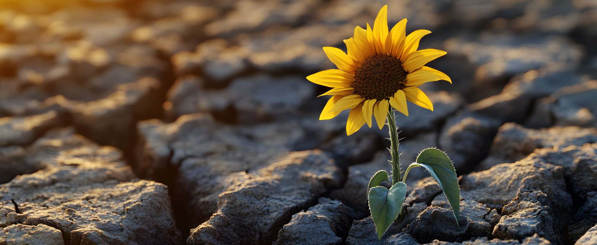 Sonnenblume blüht auf trockenen Boden, Sinnbild für starkes Mindeset.